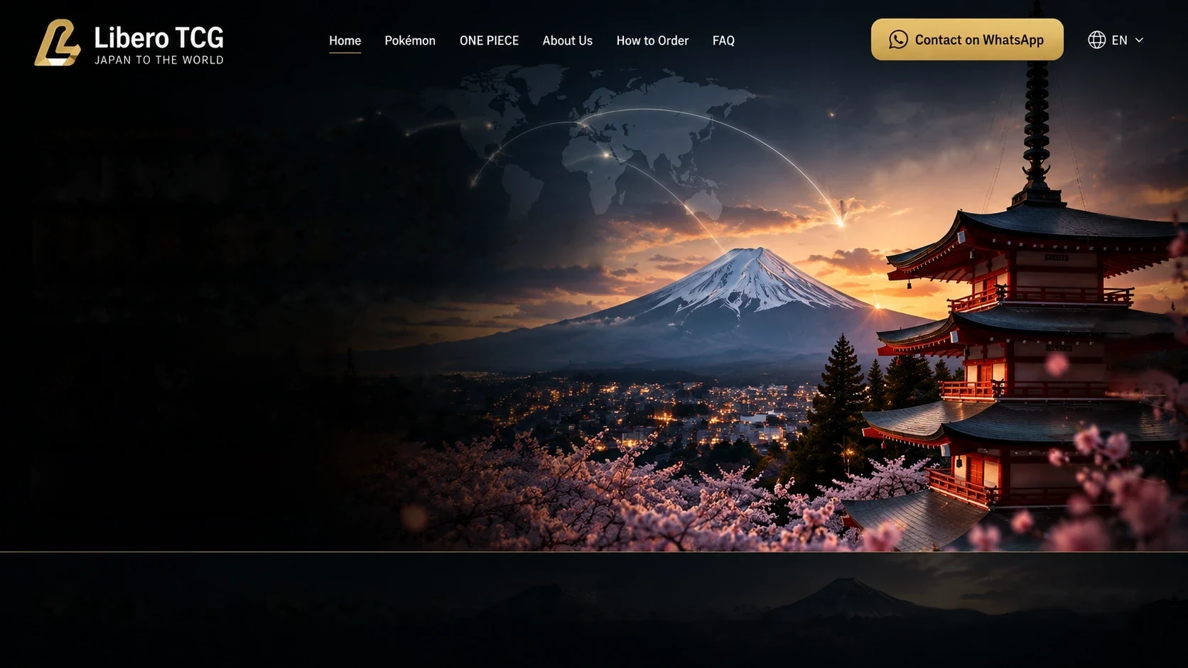 Libero TCG hero banner combining Mount Fuji, a five-story pagoda, cherry blossoms and a world map